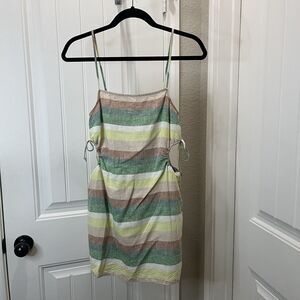 Aerie Mini Dress Womens Sz XS Striped Linen Blend Side Cut Out Smocked Beachy